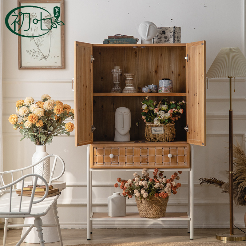 Solid Wood Sideboard With Doors Minimalist Retro Style Storage Cabinet For Living Room Entryway