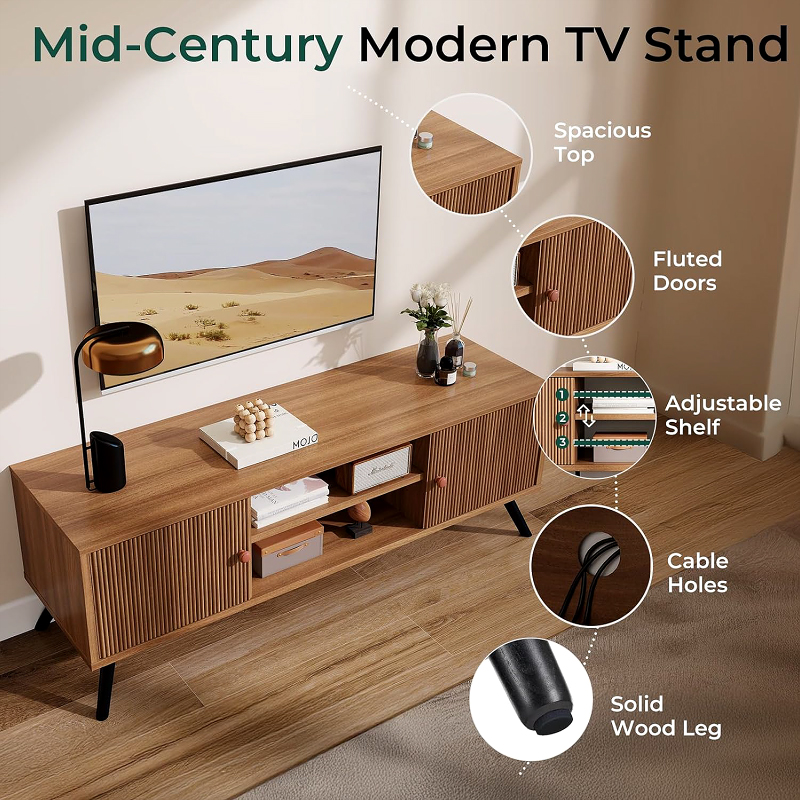 TV Stand for Living Room, Modern TV Stand for 55/60/65 Inch TVs, Retro TV Stand with Fluted Door and Open Adjustable Shelve