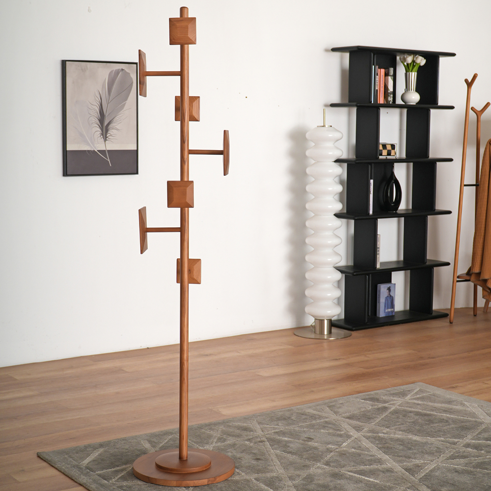 EXL FURNITURE Nordic Solid Walnut Wood Coat Rack with Mirror Leather Floor Stand Coat Hanger for Bedroom Living Room