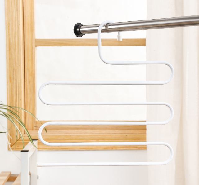 Anti-Slip S-Shape Pants Hanger 5-Layer Metal Wood Towel Drying Rack Foldable Scarf Storage Organization Clothes Hook Black