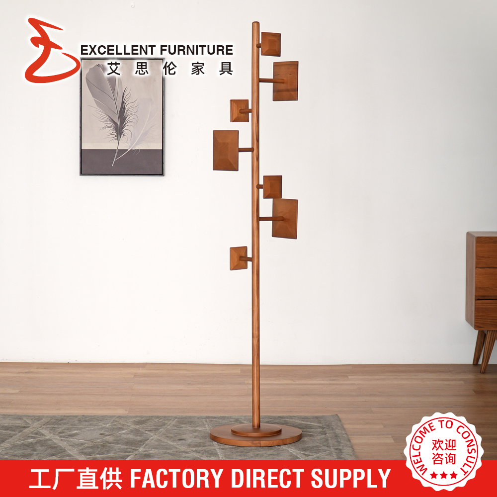 EXL FURNITURE Nordic Solid Walnut Wood Coat Rack with Mirror Leather Floor Stand Coat Hanger for Bedroom Living Room
