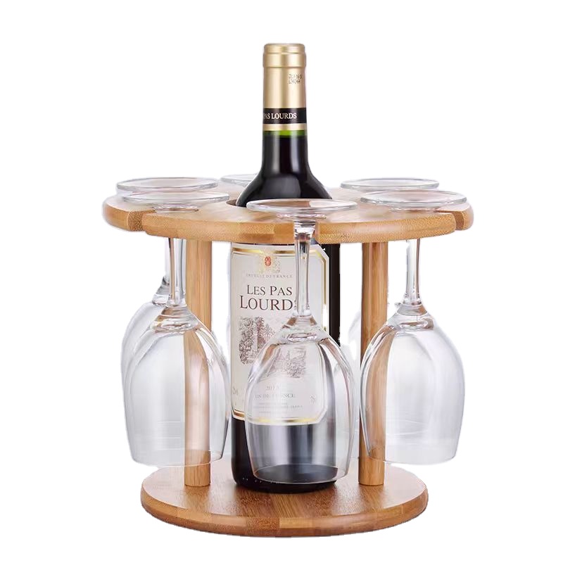 Rotating Bamboo Wine Rack with 6 Glass Holders - Spinning Display Stand for Wine Bottles &amp; Stemware, Natural Wood Bar Decor