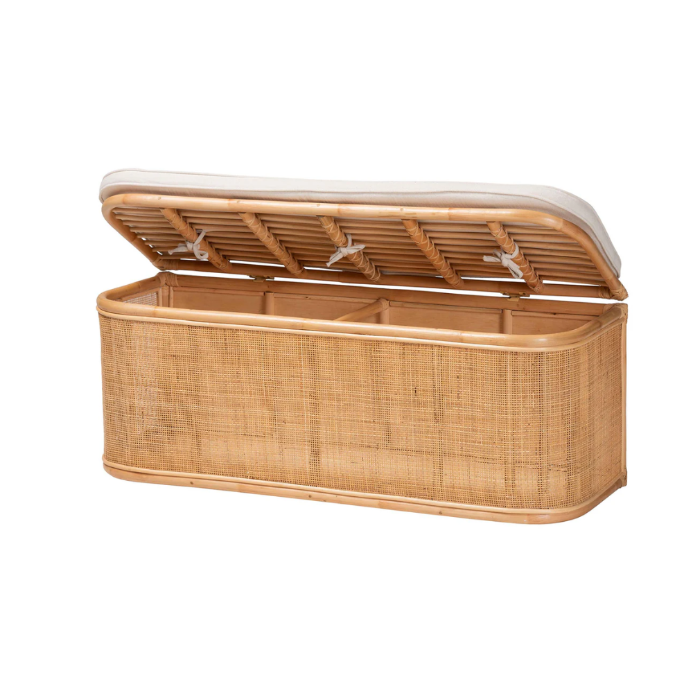 Wholesale Bohemian Natural Rattan Storage Bench Entryway Storage Ottoman Bench with Cushion From Vietnam
