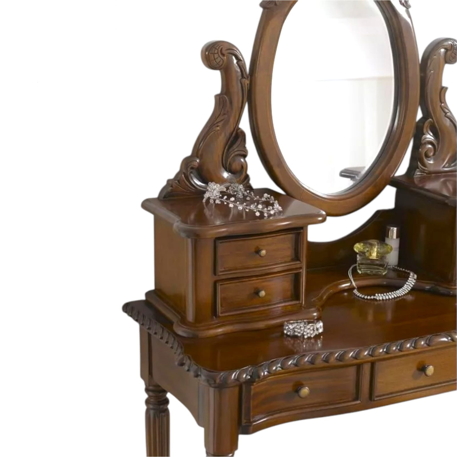 Vintage Solid Teak Wood Midcentury Modern Dressing Table Elegant Storage Drawers Mirror Stool-Handcrafted Eco-Friendly Durable