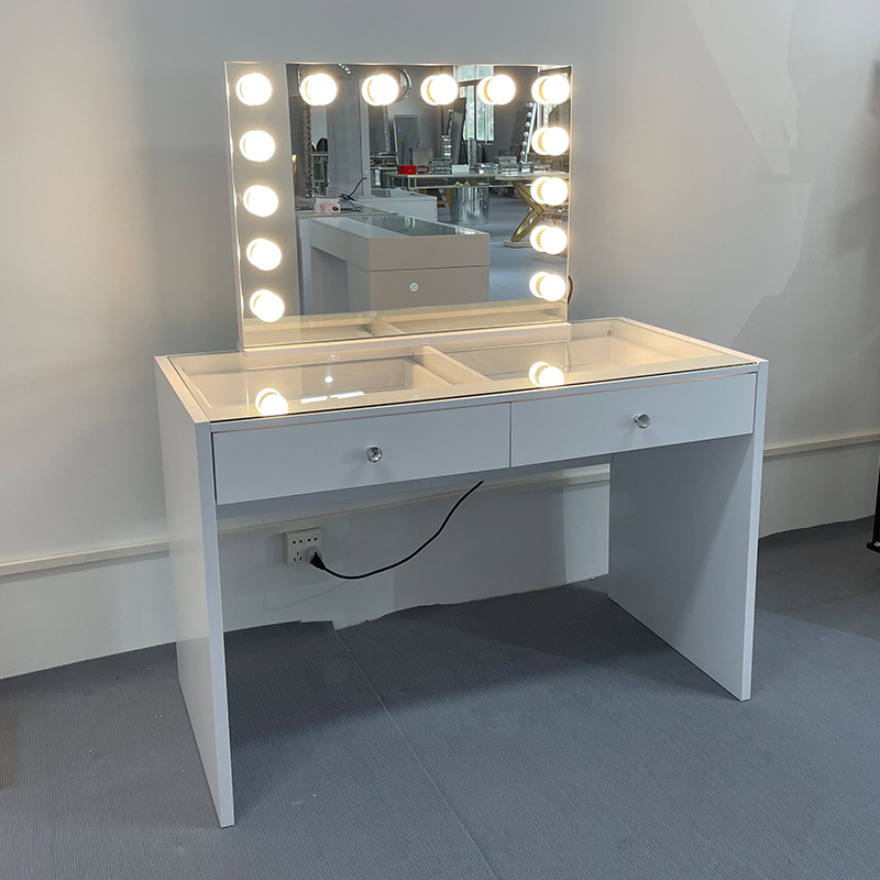 White Modern Glass Panel Dressing Table Storage Drawers Adjustable Removable Standing Lighted Mirror Eco-Friendly Bedroom