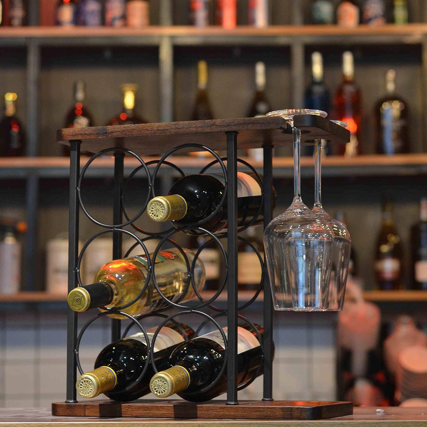 Solid Wood Wine Rack with Glass Holder Countertop Wine Rack Wooden Wine Holder with Tray Home Decor &amp; Kitchen Storage Rack