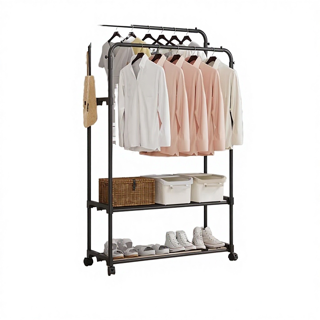 Garment Rack Double Stainless Steel Dustproof Hanging Clothes Hanger Shoe Hat Integrated Drying Bathroom Kitchen Floor Type