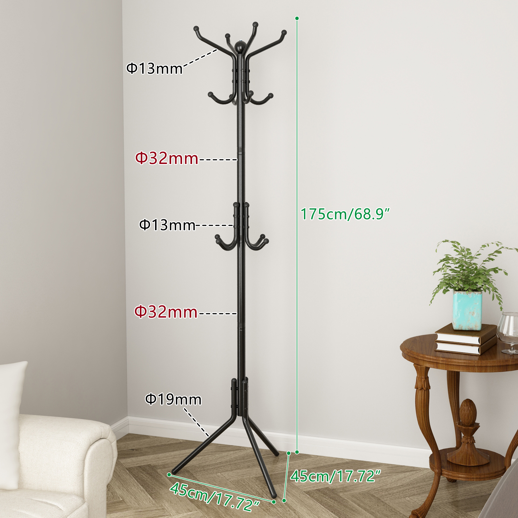 Modern 12-Hook Foldable Powder Coated Metal Coat Rack Stable Base Sturdy Standing Coat Hat Hanger for Entryway Bedroom Office