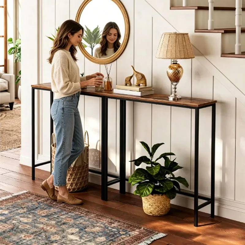 Retro Farmhouse Wooden Console Table Bedroom Bedside Cabinet Office Storage Rack Corridor Entrance Long Side Table