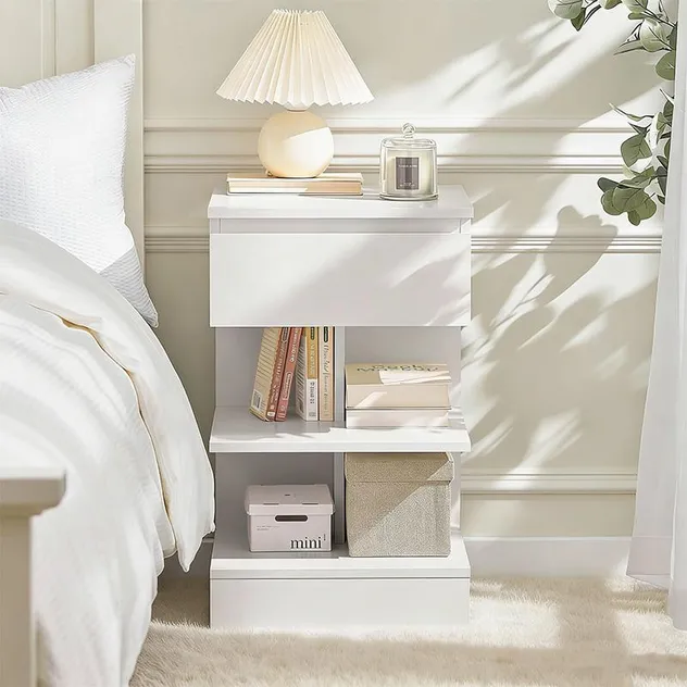 Medieval-Style Modern Walnut Bedside Table with Storage Shelves