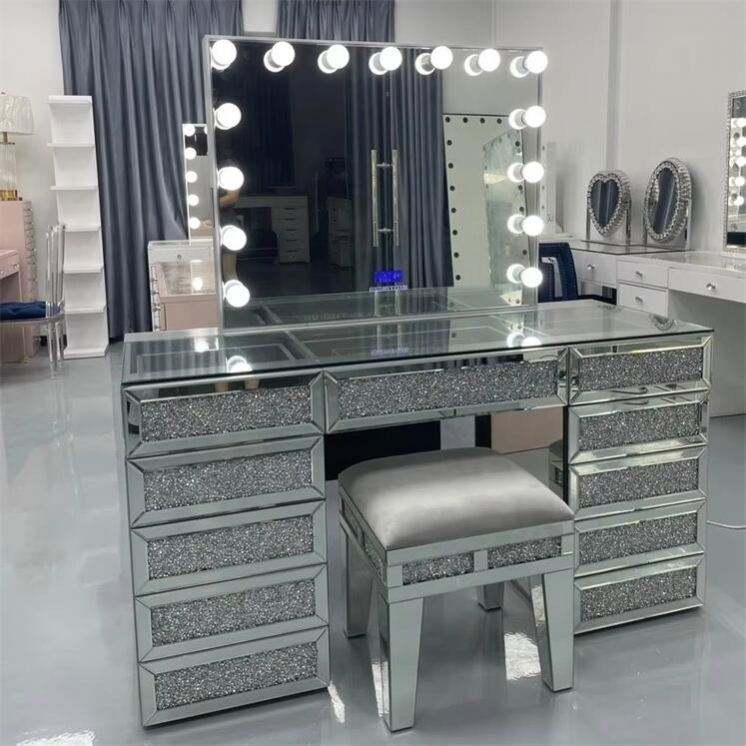 Luxury Silver Modern Oak Panel Bedroom Dressing Table Set with Adjustable Lighted Mirror and Stool for Home Use