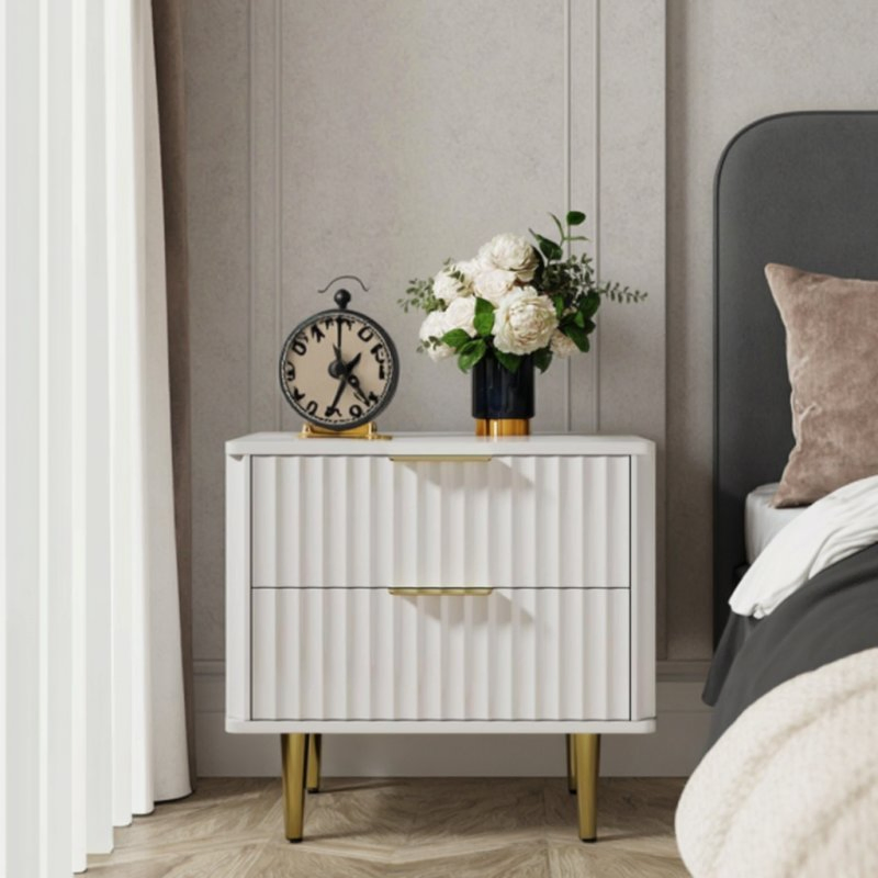 Modern White Nightstand for Bedroom or Living Room 2-Drawer Bedside Table with Gold Metal Legs for Bedroom