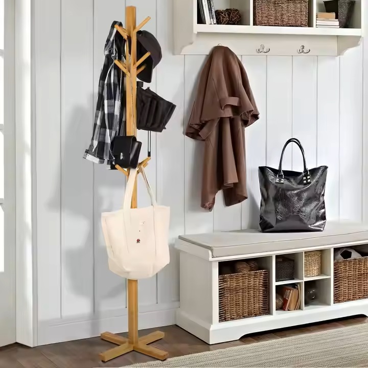 Custom Freestanding Bamboo Coat Rack with 12 Hooks for Storage Organizer