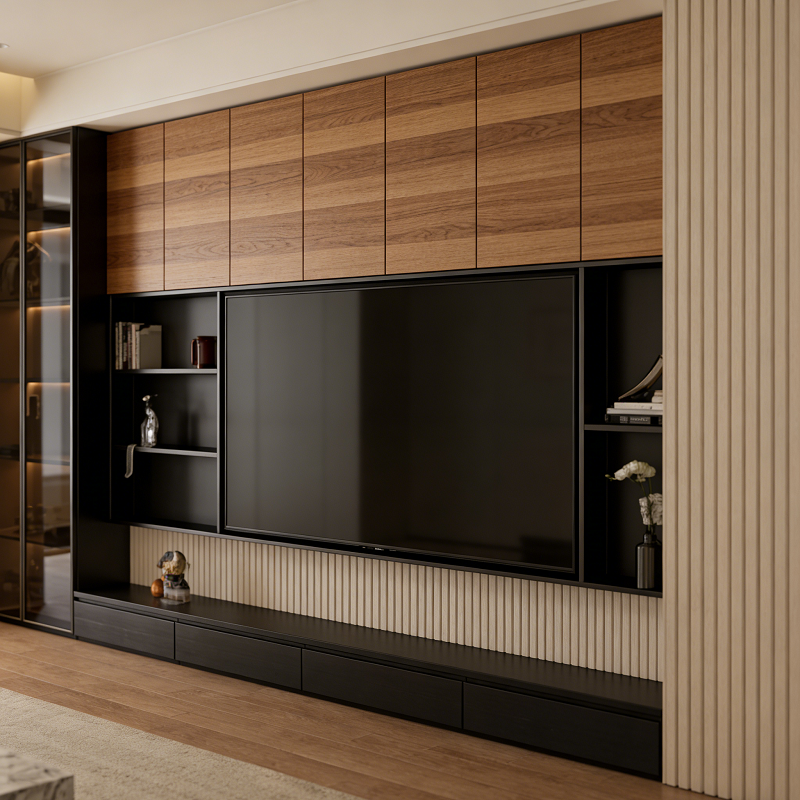 Minimalist Long TV Cabinet Wooden Media Console Full-Length Living Room Entertainment Storage Unit