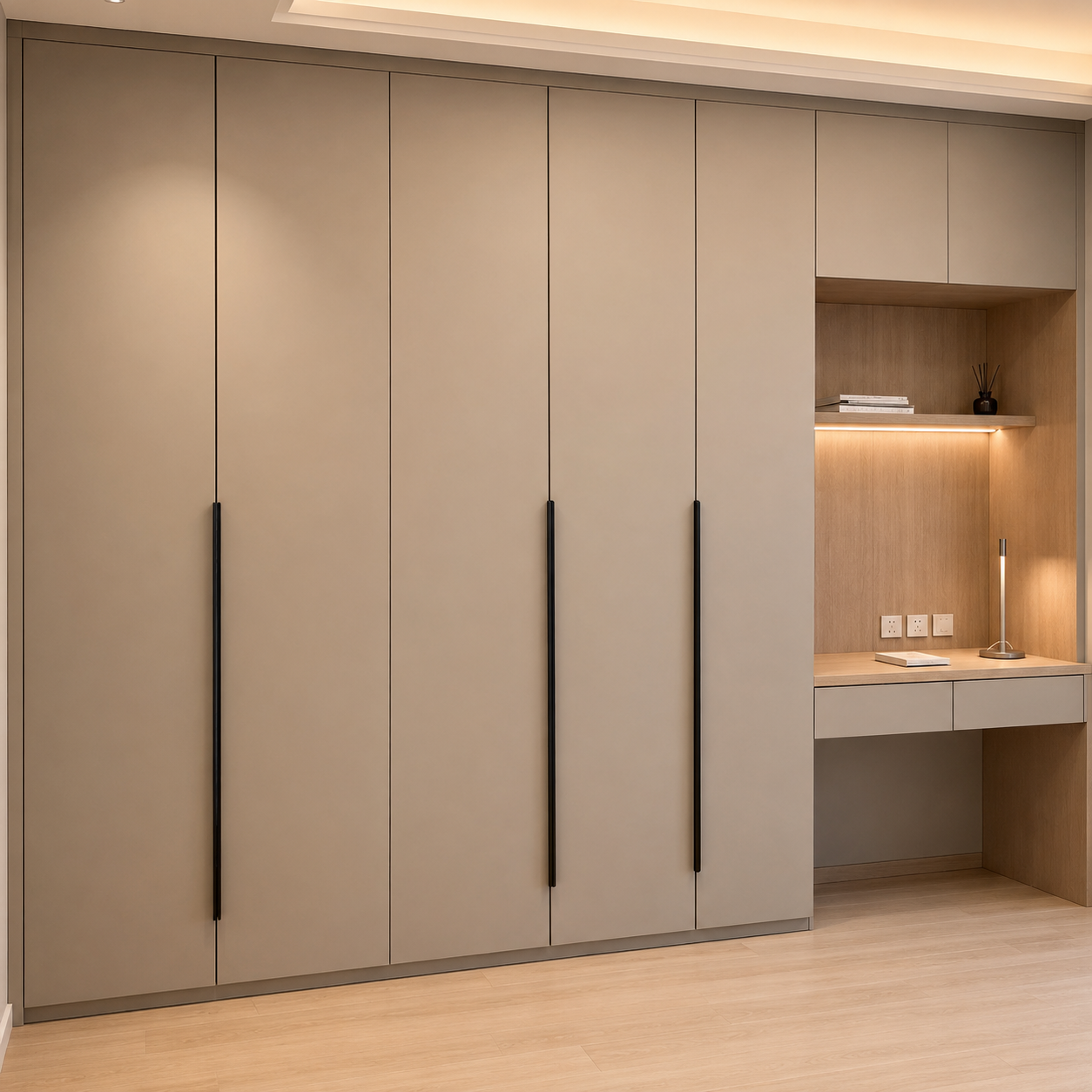 Modern Bedroom Furniture Wardrobe With Integrated Study Desk Cream Beige Fitted Storage Closet System