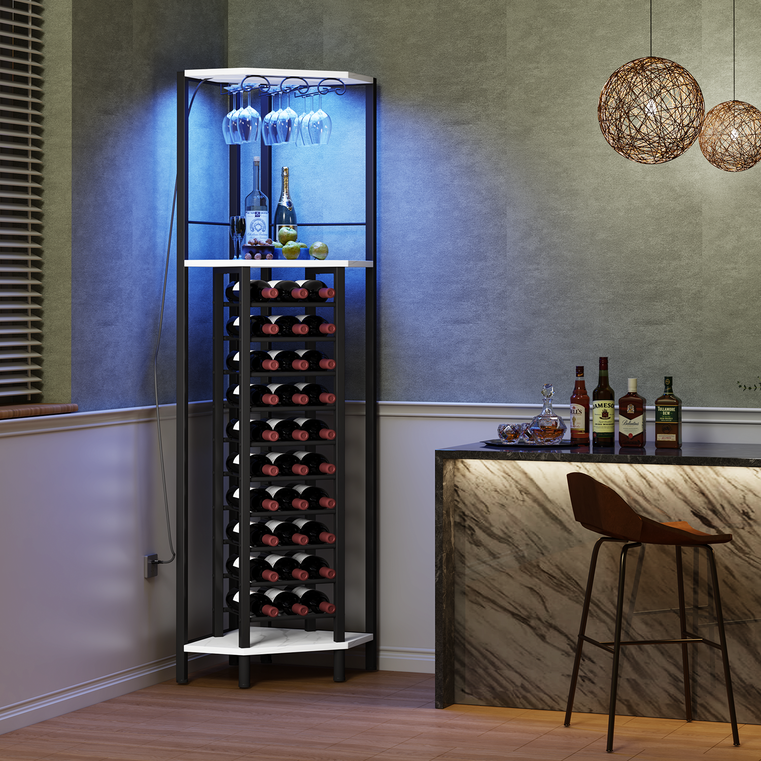 Industrial Corner Wine Rack with Glass Holder,4 Tier Freestanding Floor Bar Shelf,Rustic Wood &amp; Metal Bottle Storage Organize