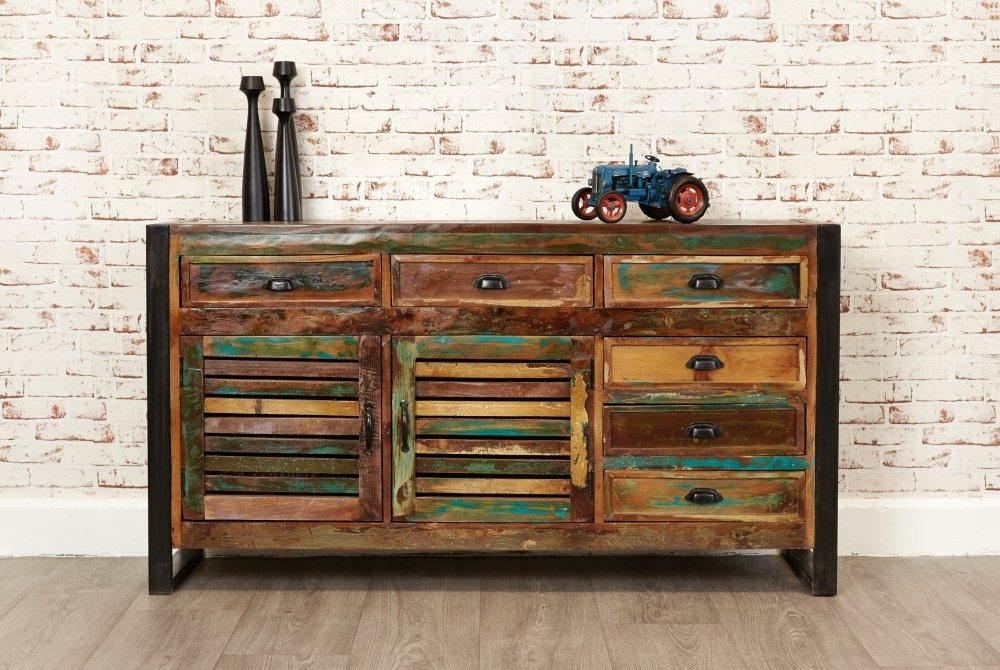 Handmade Recycled and Reclaimed Wood Dining Buffet Cabinet Vintage Styled Sideboard With Three Doors and Three Drawers