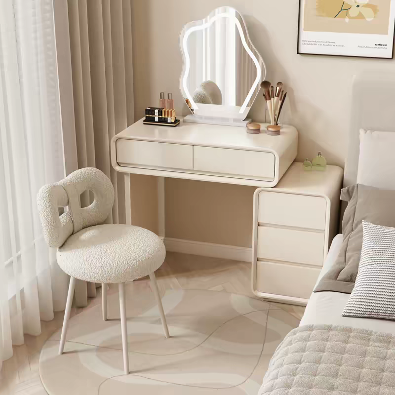 Creamy Modern Minimalist Solid Wood Lacquer Vanity Small-Space Dressing Table With LED Shape Mirror Storage Cabinet For Bedroom