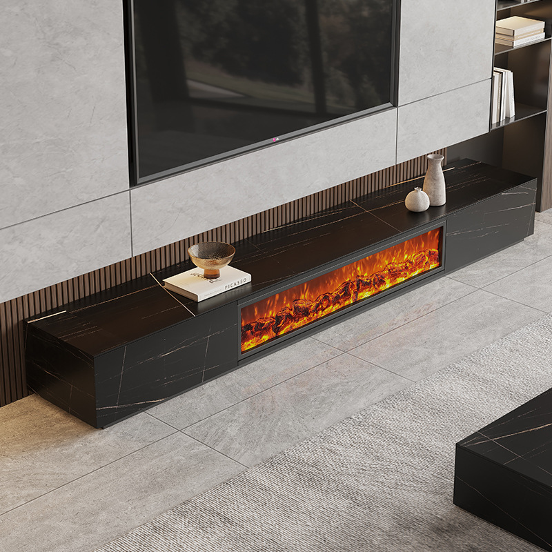 Customizable Size Wall-mounted Slate TV Cabinet with an Electric Fireplace Featuring Realistic Flames