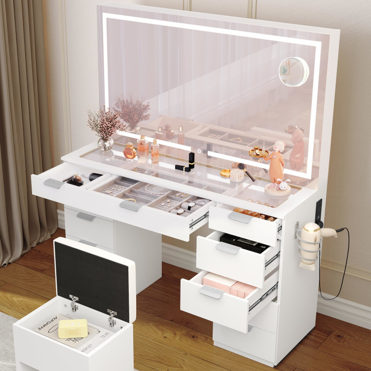 Factory Direct Vanity Desk Transparent Glass Top Makeup Table With 11 Drawers Power Outlet For Bedroom