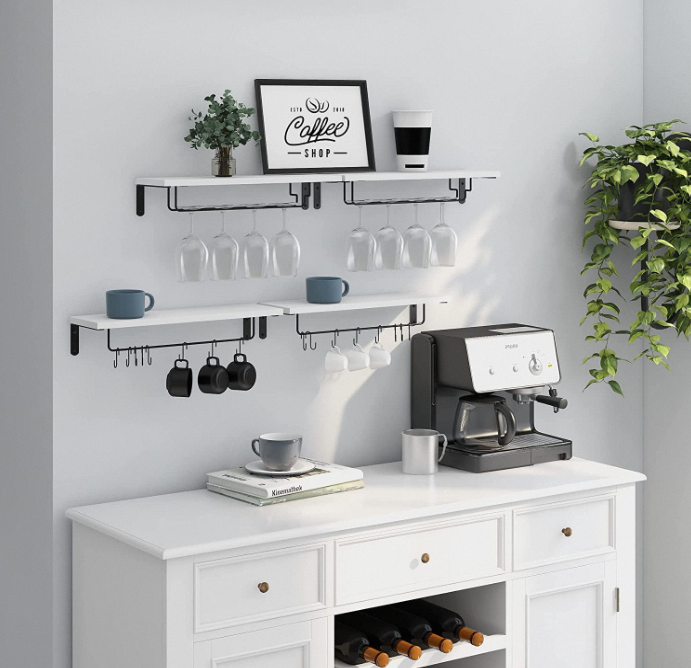 Customizable Double Tier Wall Mounted Wooden Wine and Wine Glass Storage Racks Durable Multifunctional