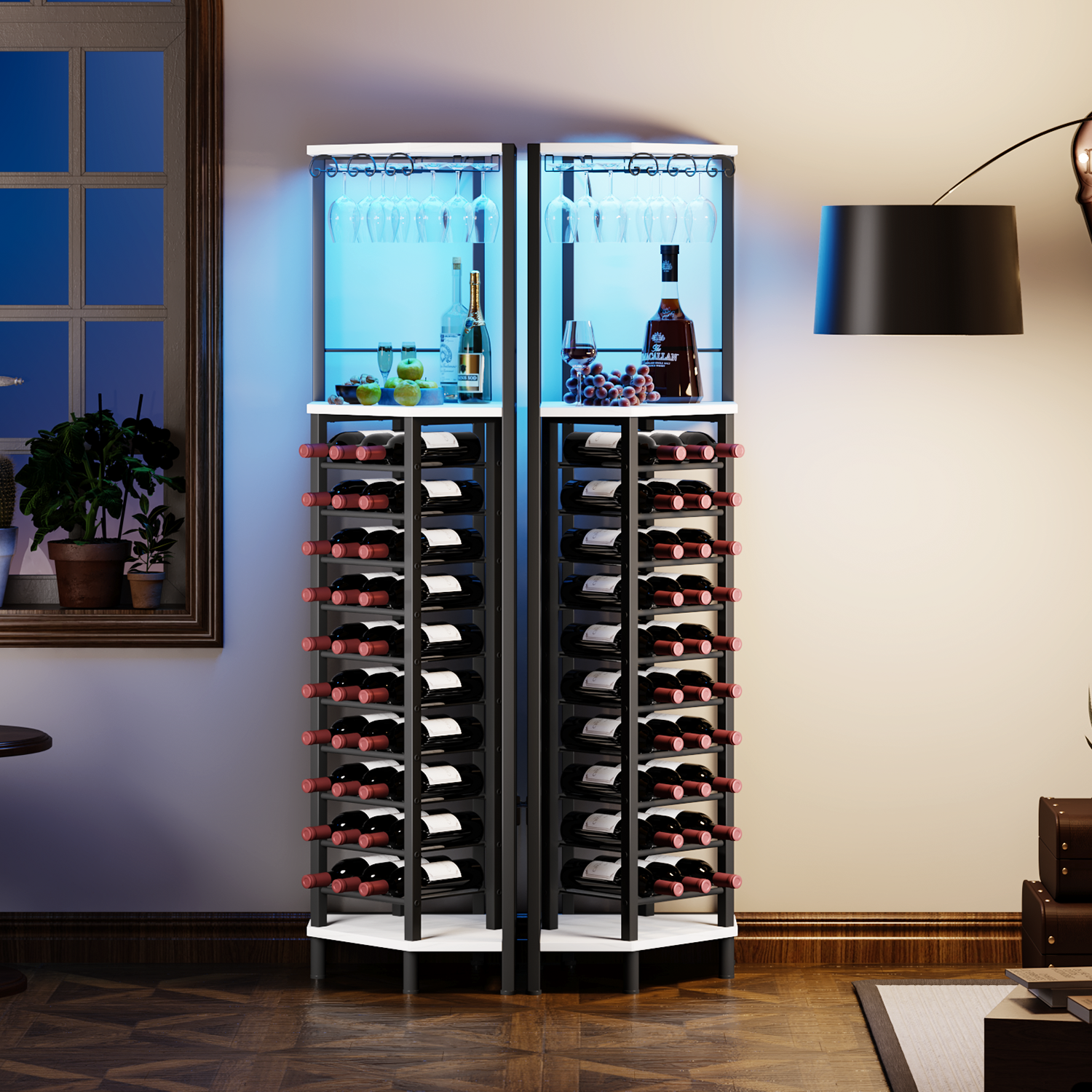 Industrial Corner Wine Rack with Glass Holder,4 Tier Freestanding Floor Bar Shelf,Rustic Wood &amp; Metal Bottle Storage Organize