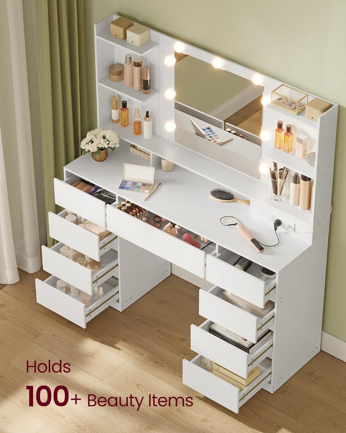 Modern Bedroom Vanity Desk With Bulbs Lights Makeup Set Glass Cabinets Makeup Tray Power Outlet Adjustable LED Dressing Table