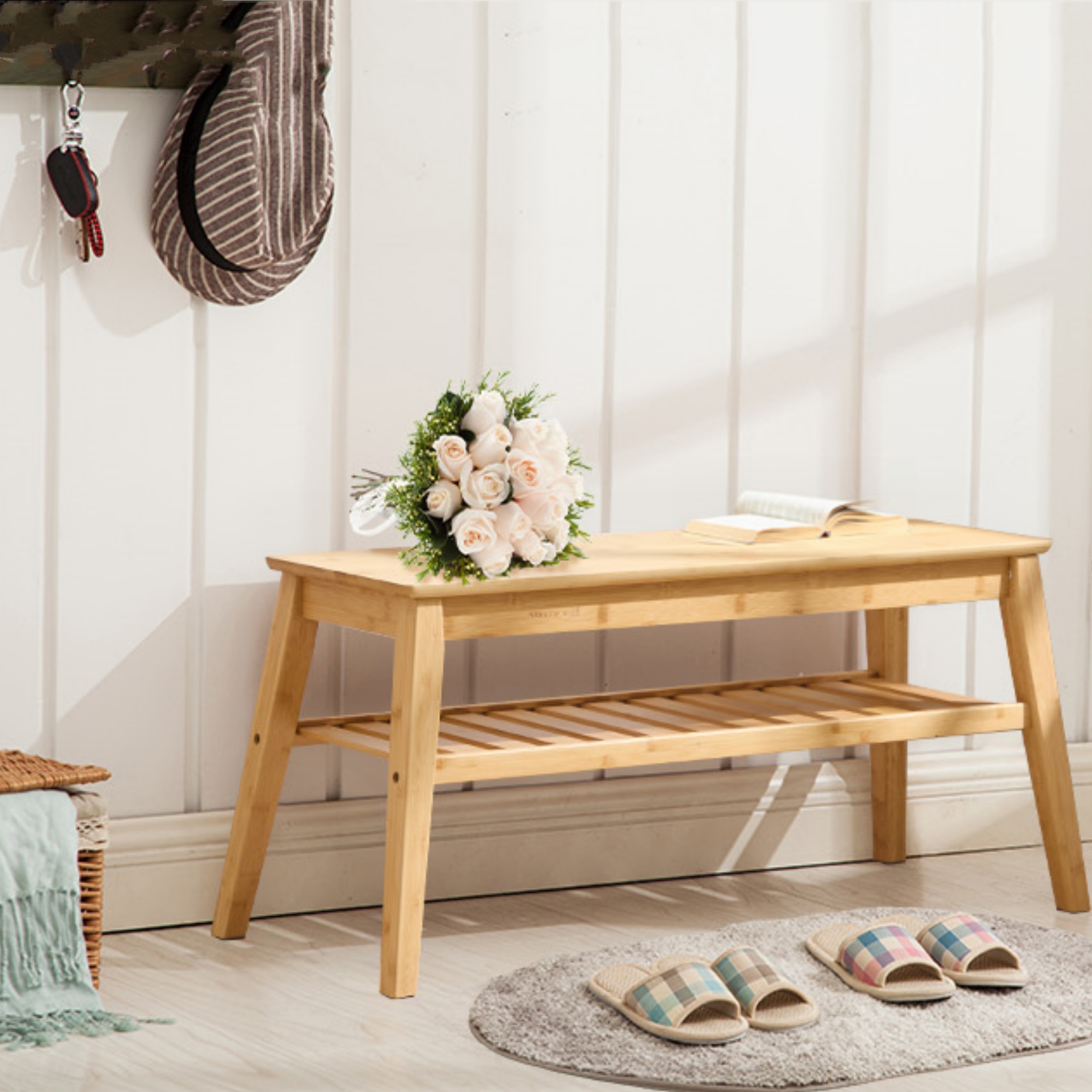 Modern 2-Tier Indoor Storage Bamboo Bench for Entry Dining Living Room Bedroom or Hallway