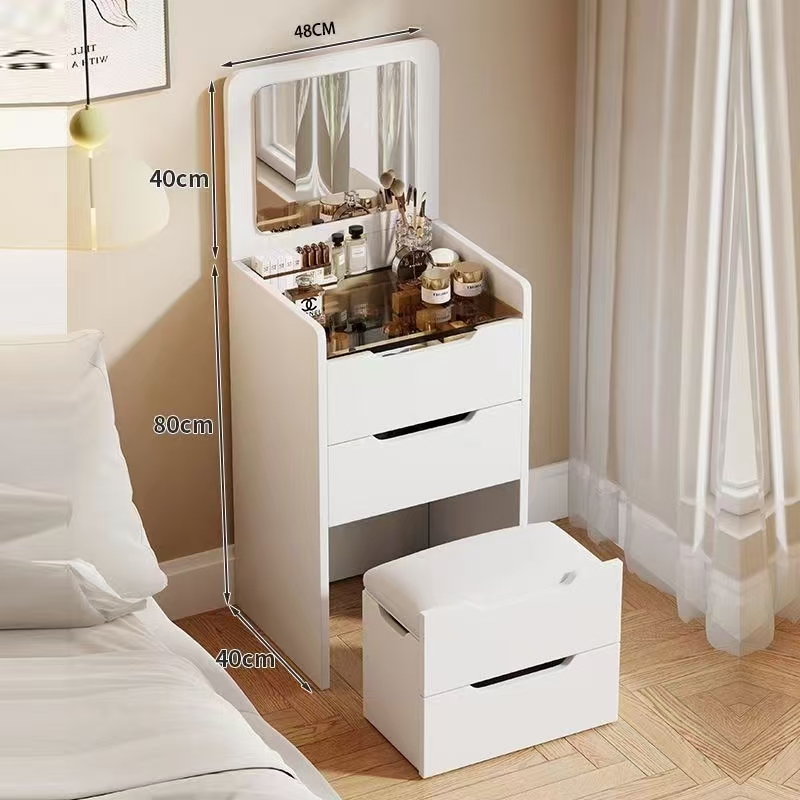Wood Panel Cream Style Flip Top Vanity Table With 3-Color LED Light Space-Saving Makeup Desk With Storage Cabinet For Bedroom