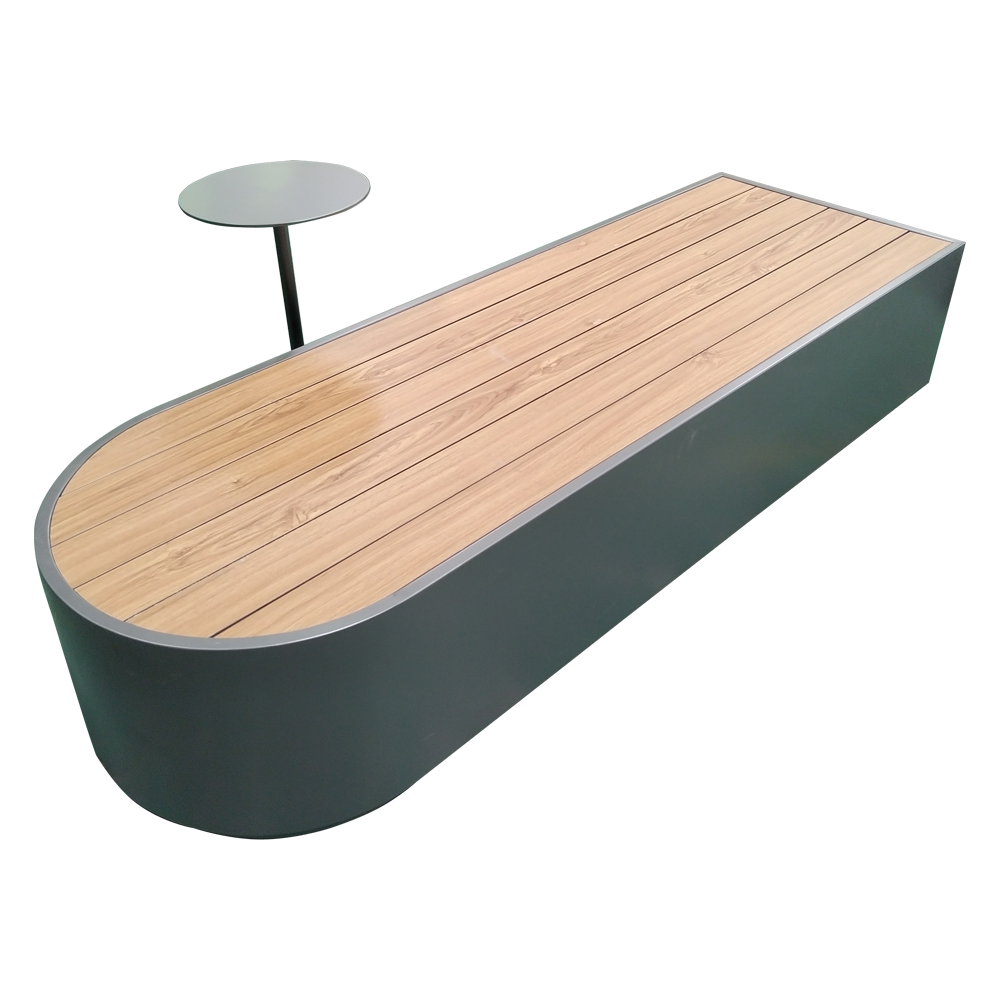 Outdoor Solid Wood and Galvanized Steel Storage Long Bench with Table for Patio Dining Mall Hotel Use