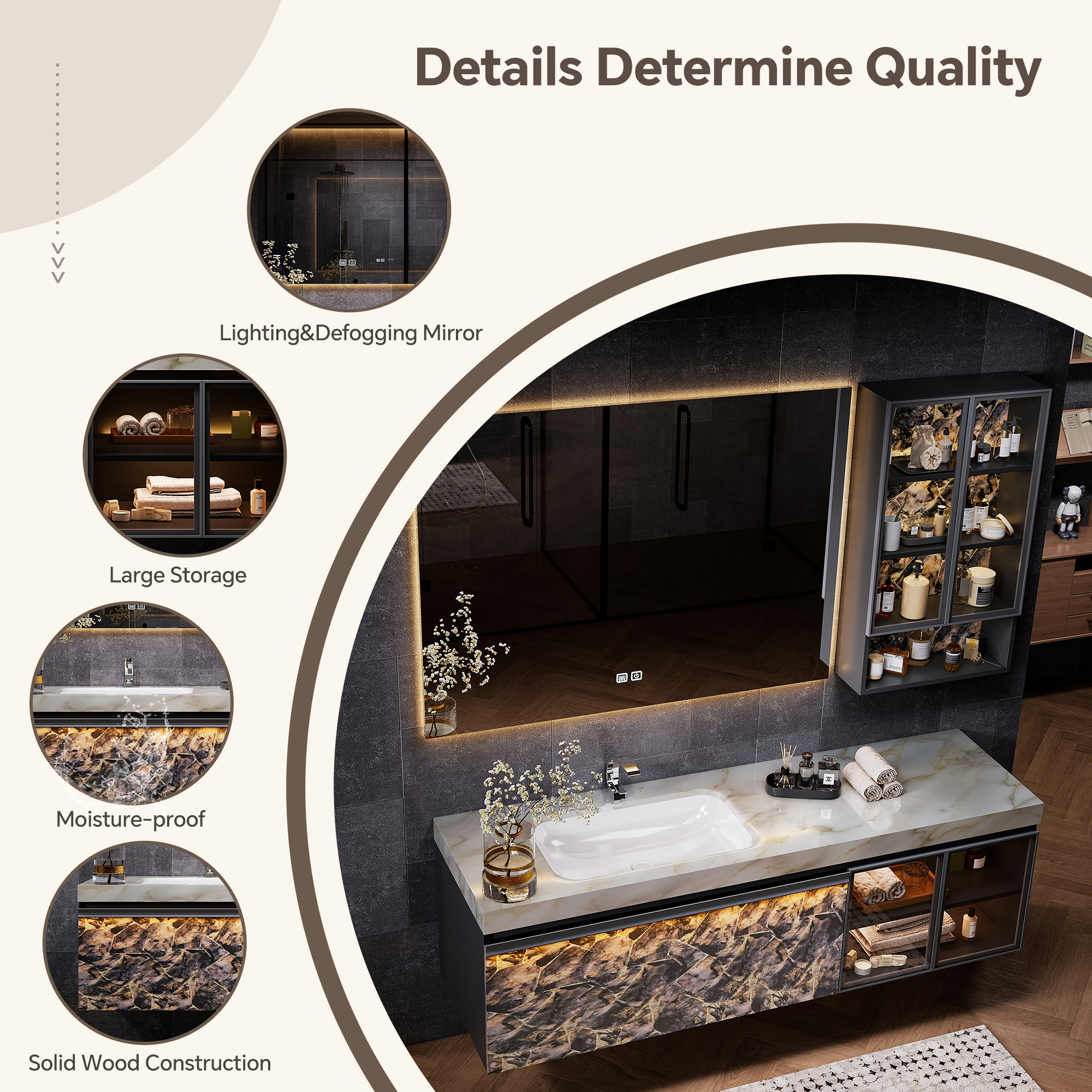 Luxury Hotel Style Floating Bathroom Vanity With Quartz Stone Countertop &amp; Smart LED Mirror Cabinet Solid Wood