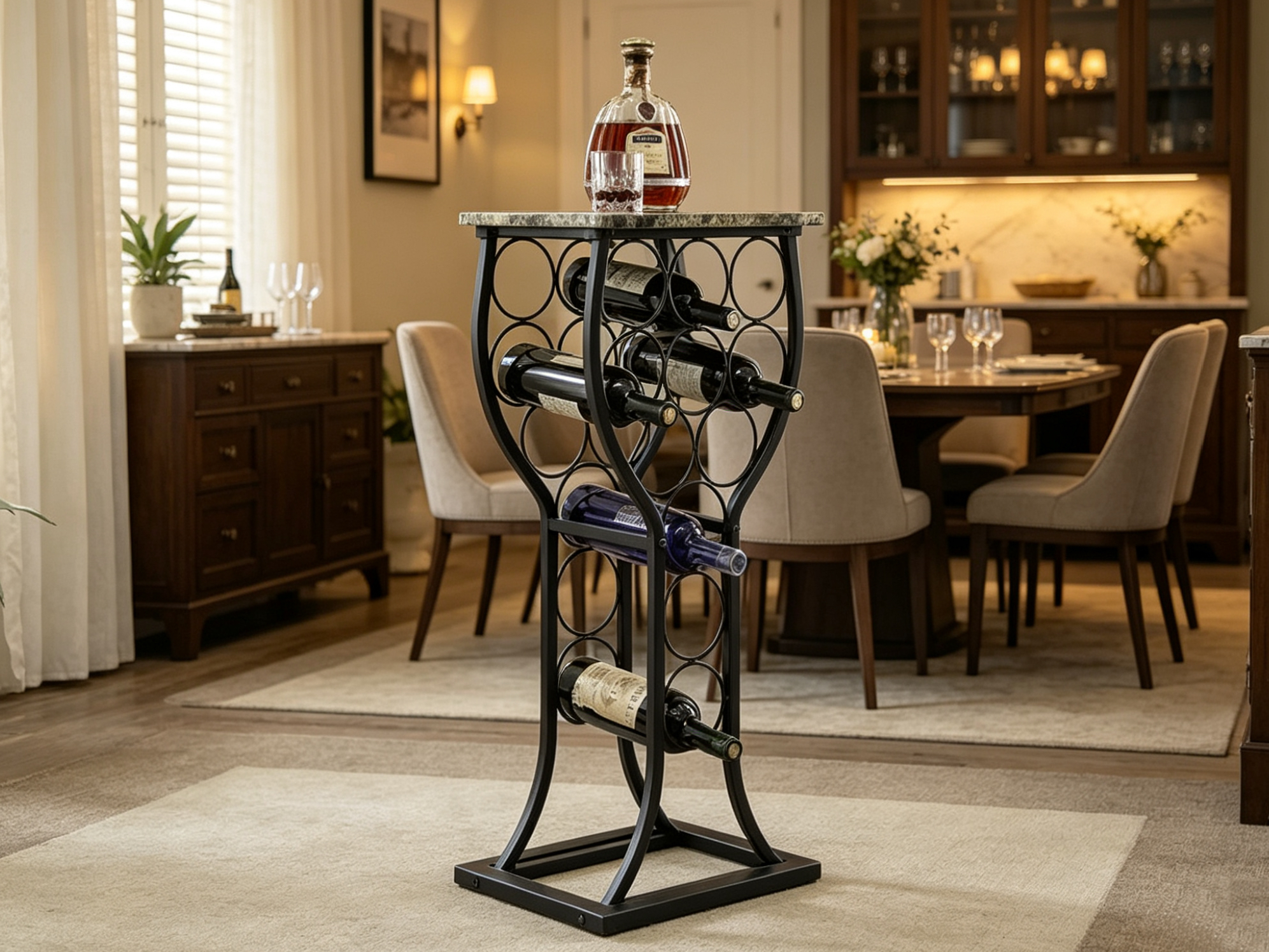 European Style 5-Layer Heavy Duty Metal Iron Wine Rack with 11-Bottle Stand and Marble Table Top for Home Living Room
