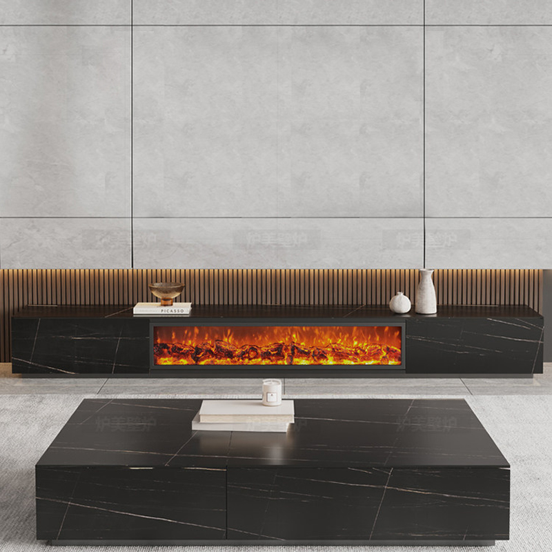 Customizable Size Wall-mounted Slate TV Cabinet with an Electric Fireplace Featuring Realistic Flames