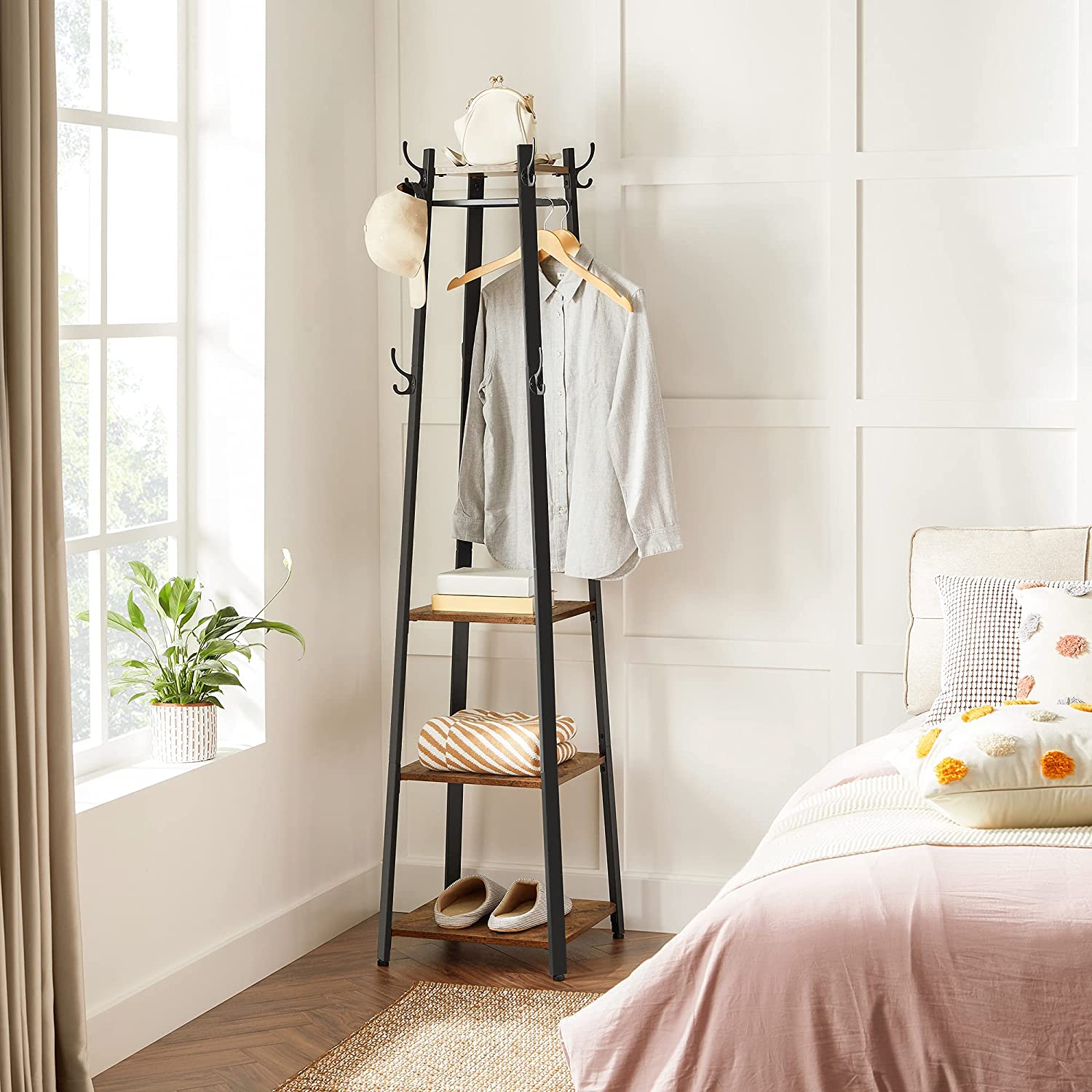 Wooden Simple Floor Free Coat Standing Metal Clothes Hat Hanger Coat Rack With 4 Shelves