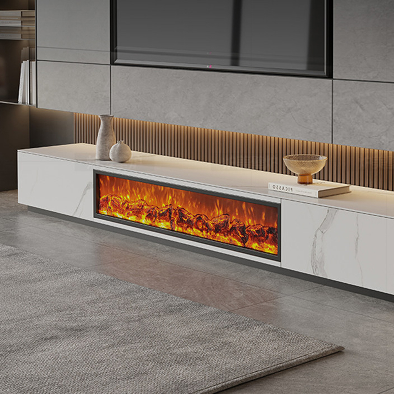 Customizable Size Wall-mounted Slate TV Cabinet with an Electric Fireplace Featuring Realistic Flames