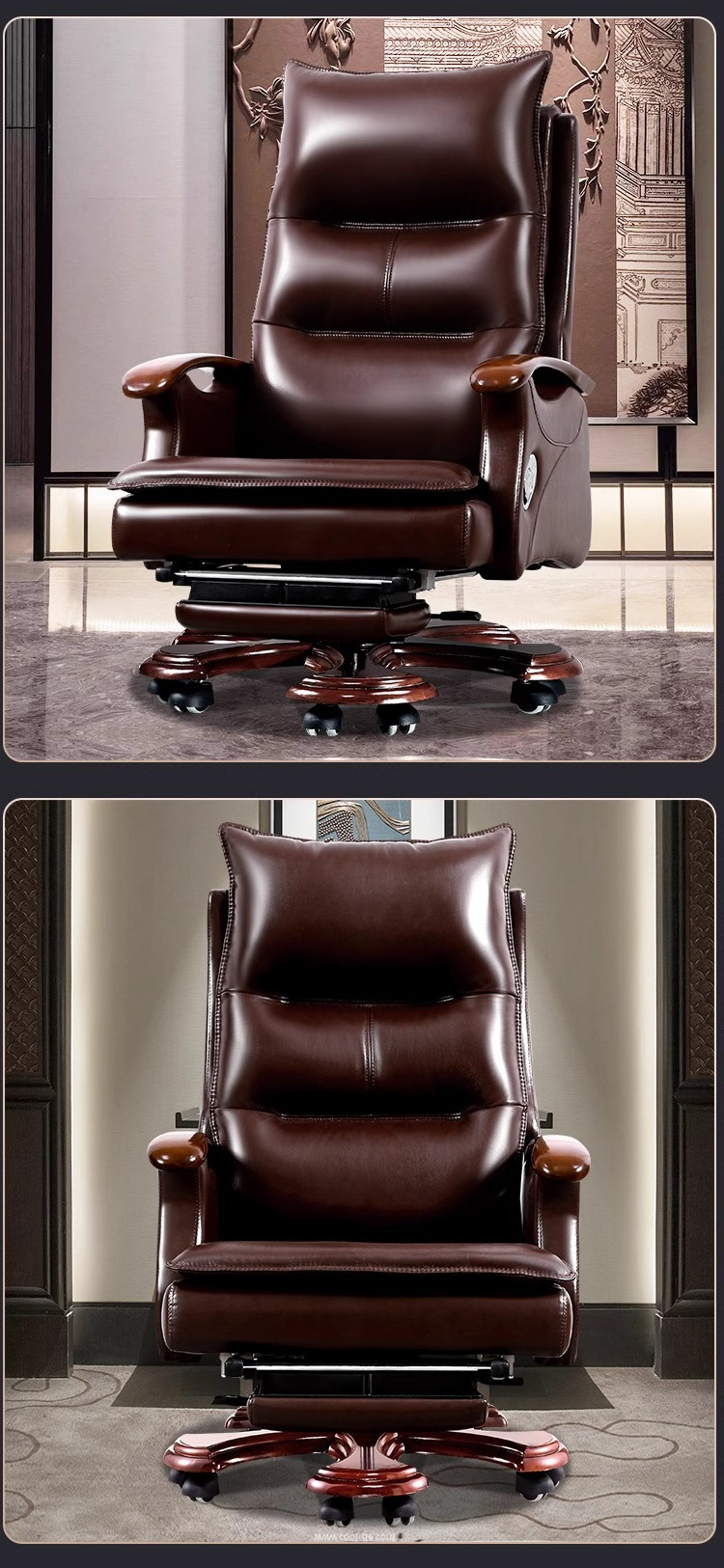 Luxury Adjustable Super Comfort Plush Brown Leather Swivel Executive Office Desk Chair Traditional Design Style