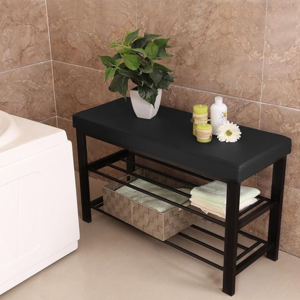 Modern 3-Tier Metal Shoe Storage Bench with Faux Leather Foam Padded Seat for Entryway, Hallway and Living Room Furniture