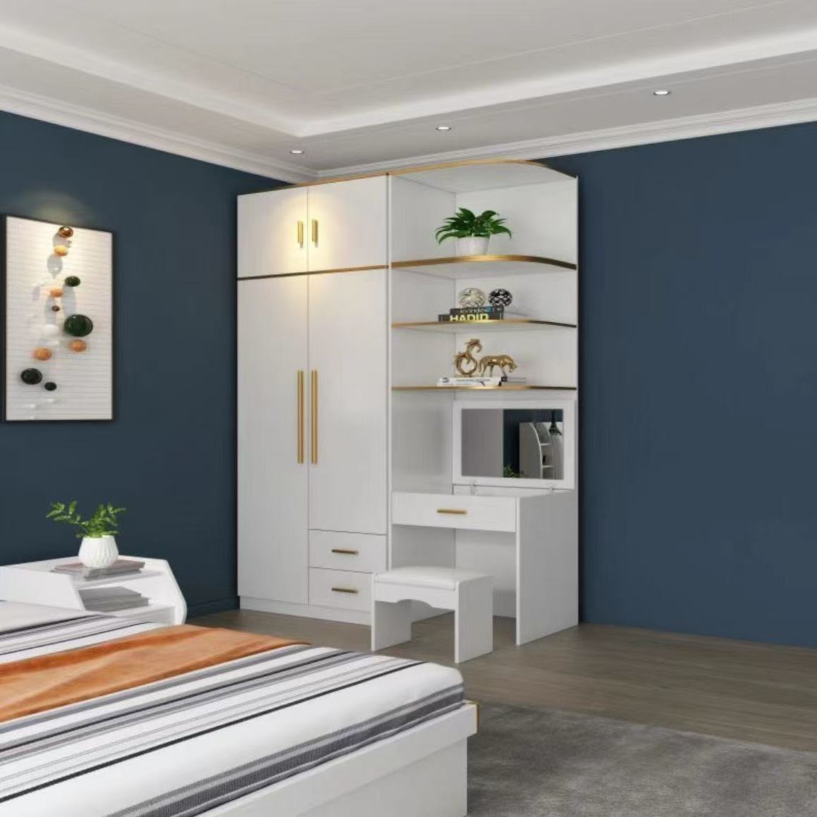 Minimalist White Wardrobe With Gold Hardware LED Lighting High-End Bedroom Closet With Open Shelf Integrated Dressing Table Set