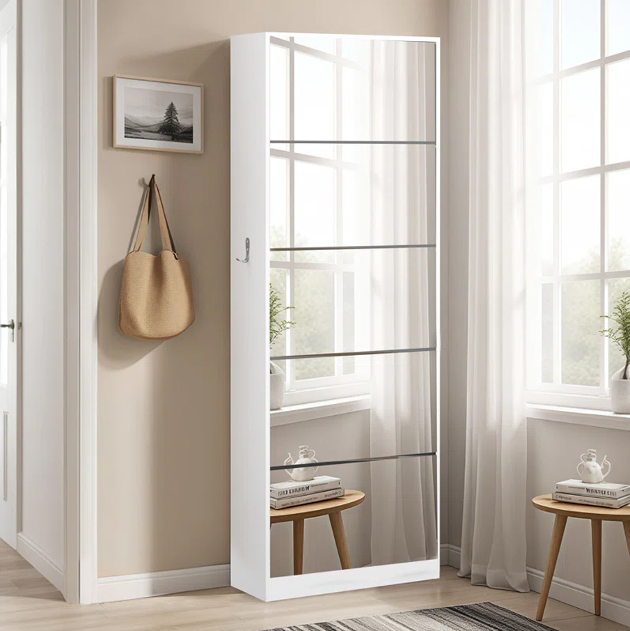 JIAMEIJIA White Full-Length Mirror Narrow Shoe Cabinet | OEM/ODM Bulk Wholesale Entryway Storage