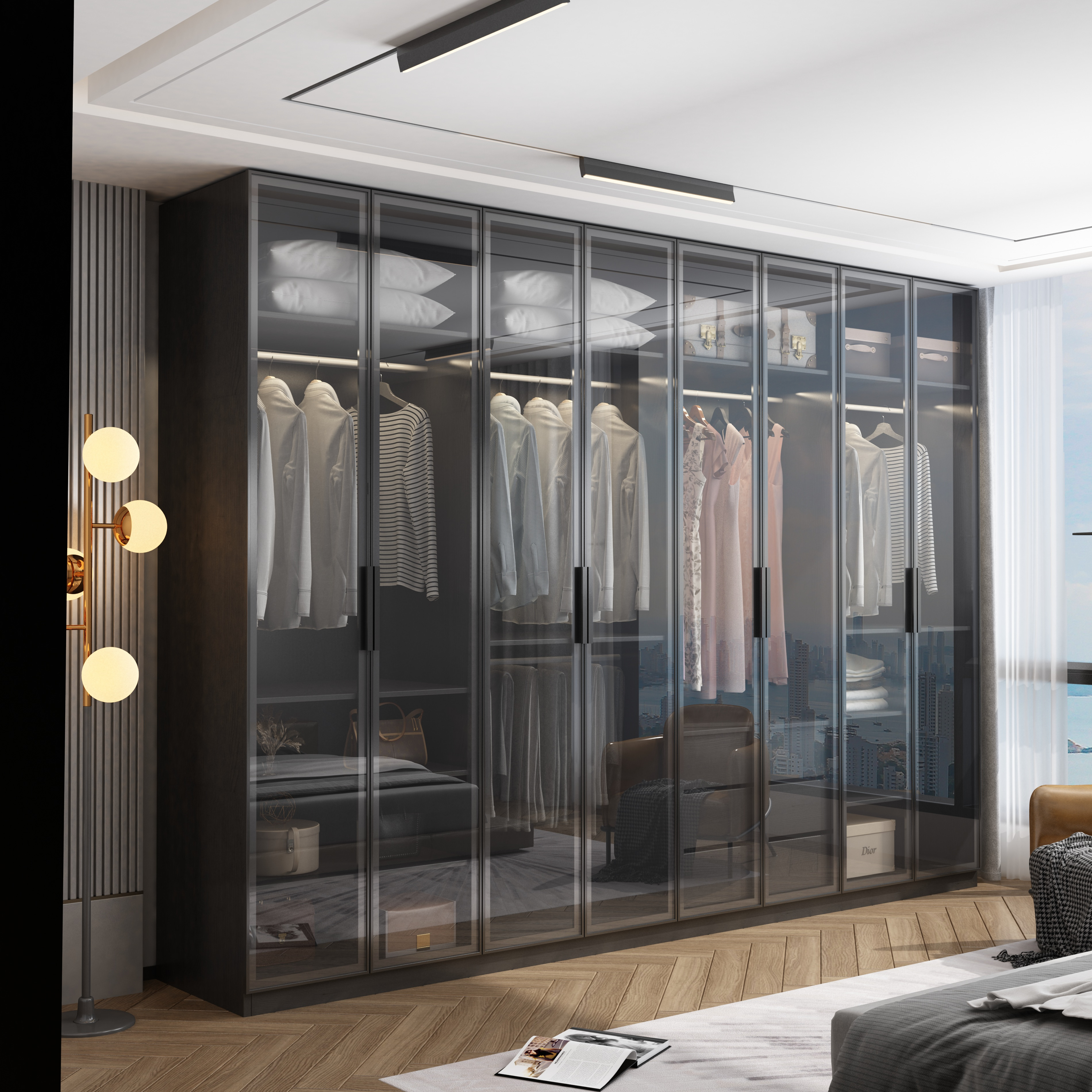 Solid Wood Wardrobe for Bedroom with Glass Door Modern Light Luxury Corner Cloakroom Storage Cabinet Combination Wardrobe