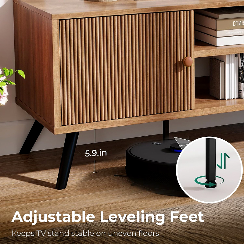 TV Stand for Living Room, Modern TV Stand for 55/60/65 Inch TVs, Retro TV Stand with Fluted Door and Open Adjustable Shelve