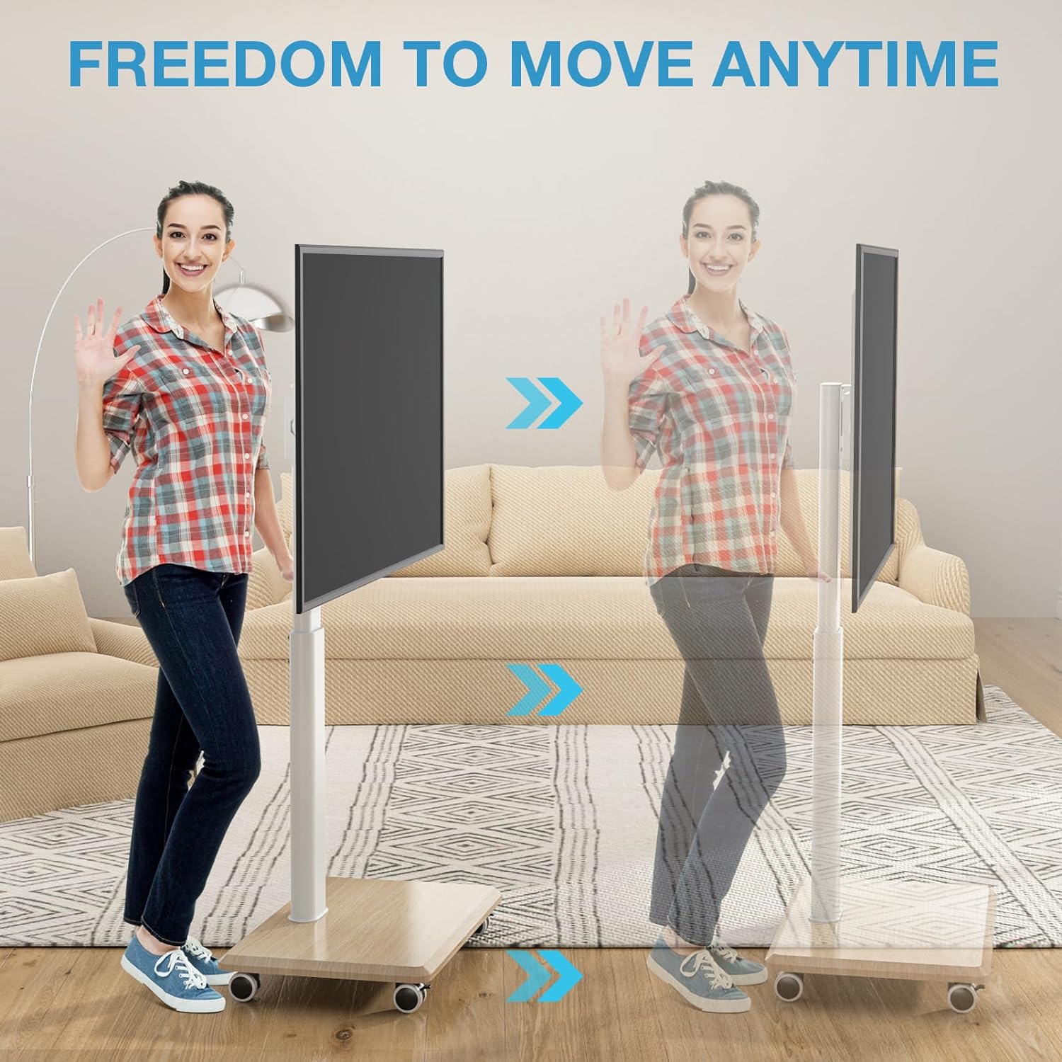 Floor Modern Mobile Wood Base Swivel Rolling Height Adjustable Portable TV Stand on Wheels with Mount for Bedroom Home Office