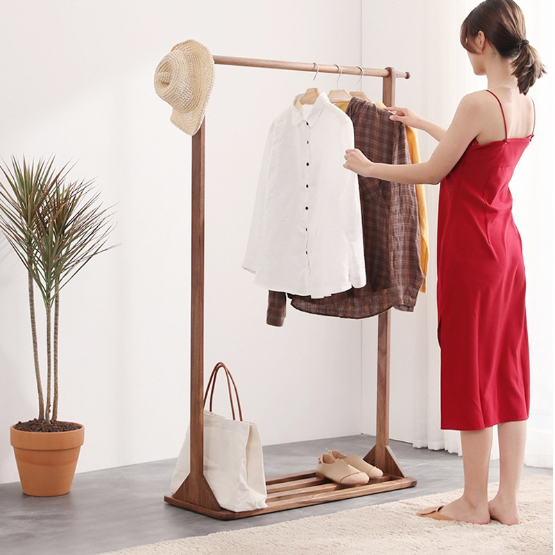 Single Rod and 2 Hooks Home Office Bedroom Heavy Duty Shoe Bench Storage Stand Wooden Coat Rack