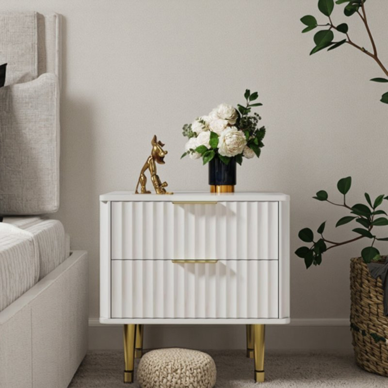 Modern White Nightstand for Bedroom or Living Room 2-Drawer Bedside Table with Gold Metal Legs for Bedroom