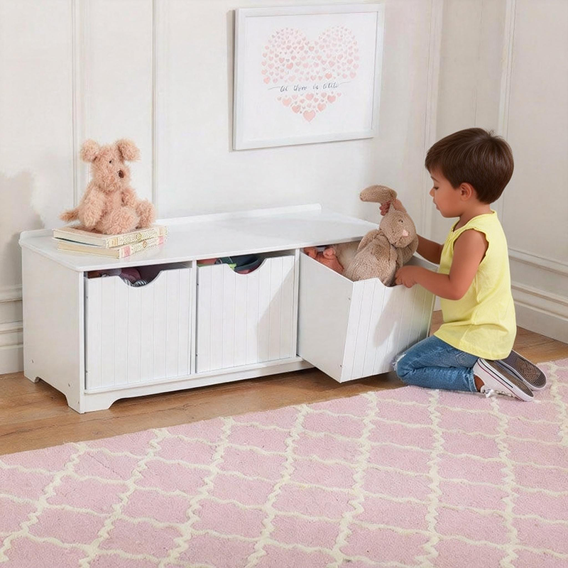 Classic White Contemporary MDF Storage Ottoman Bench Set Three Open Compartments Multi-Purpose Bedroom Living Room Babies Kids