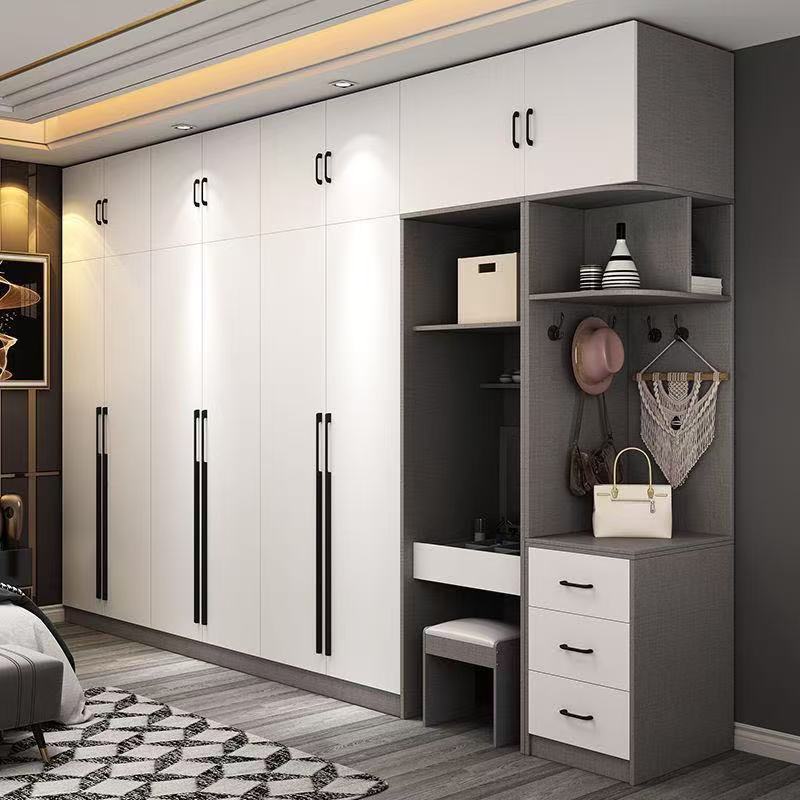 Minimalist White Wardrobe With Gold Hardware LED Lighting High-End Bedroom Closet With Open Shelf Integrated Dressing Table Set
