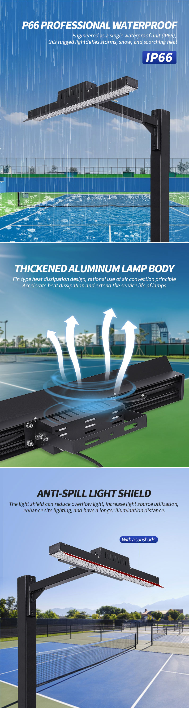 Anti-Glare Pickleball Court Light Outdoor IP66 Waterproof Tennis Court Stadium Lighting Specifications