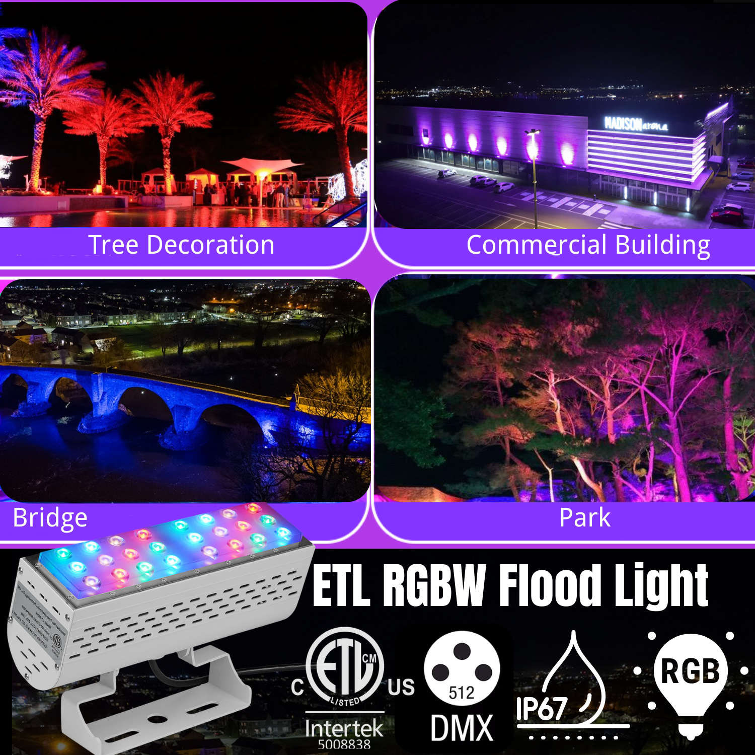 High Quality DMX Wireless ETL Listed RGBW Flood Light AC100-277V 50W Outdoor Led Flood Lights IP67 Architectural Facade Lighting