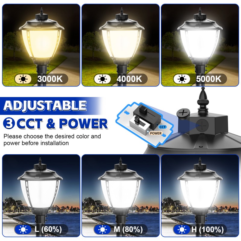 LED Street Lamp 200W 3CCT Tunable Cast Aluminum Vintage IP65 Rating AC Power Supply 100W Garden Outdoor Post Top Pole Light