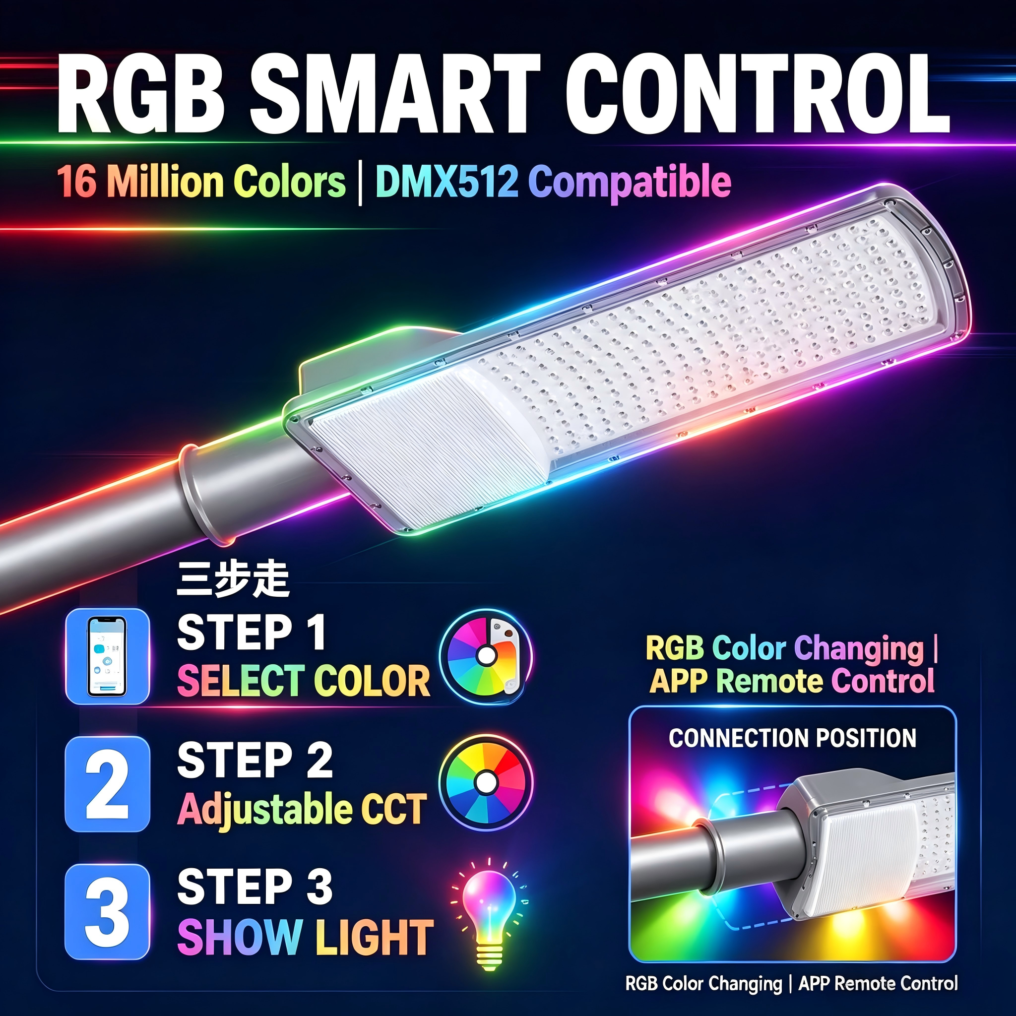 RGB Smart Street Light with DMX512 Remote Control for Color Changing LED Pole Lamp Applications